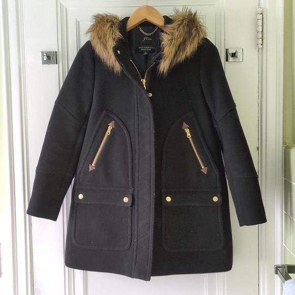 J. Crew black wool parka with faux fur trim - Picture 2 of 8